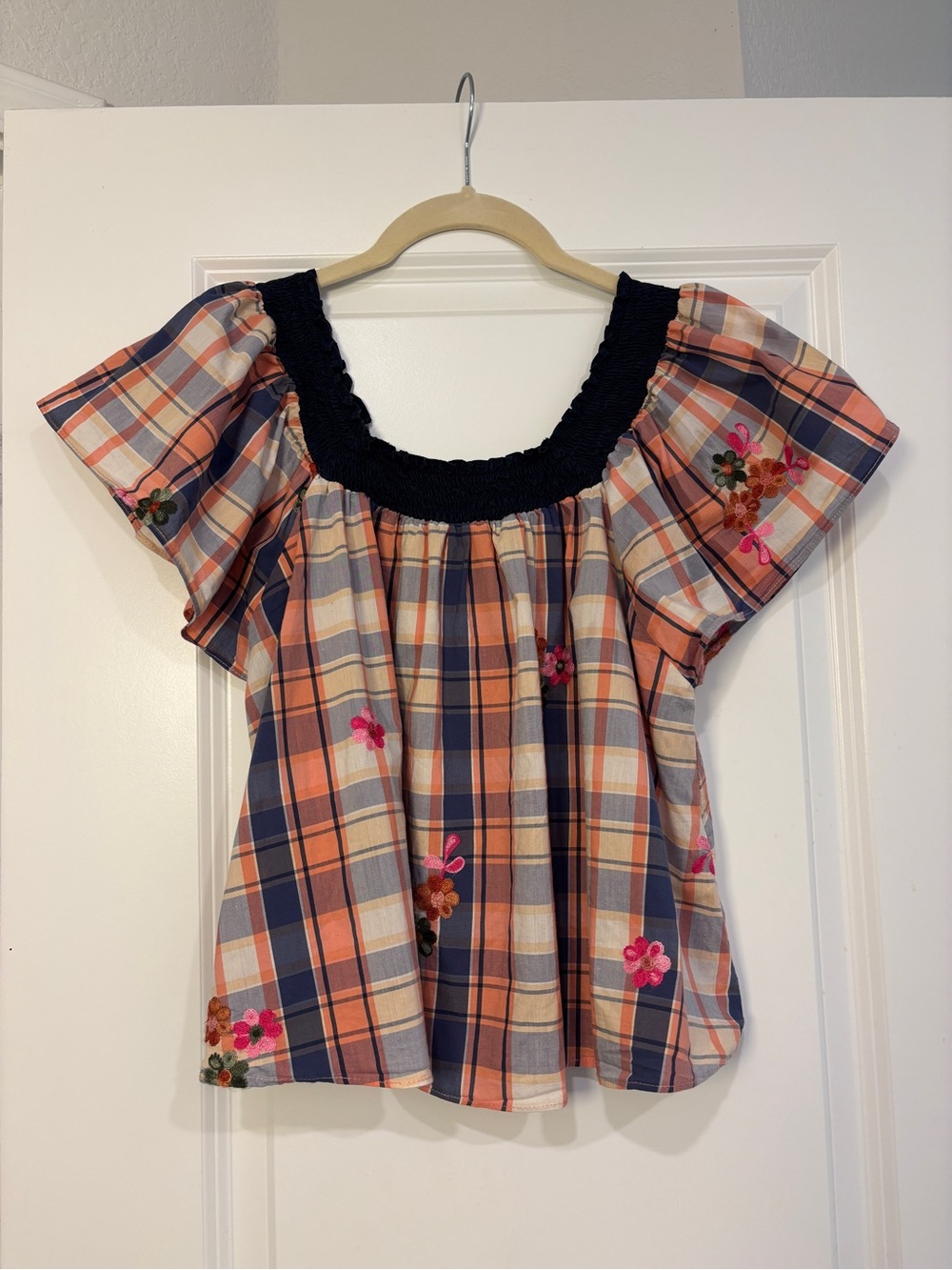 English Factory Peach & Navy Plaid Top with Floral Embroidery Appliqué
